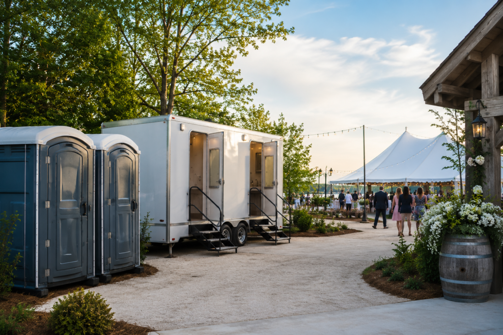 Luxury restroom trailer at an outdoor Decatur event.