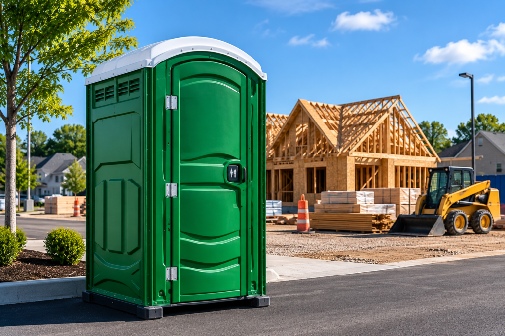 Green portable toilet at a construction site in Alabama.
