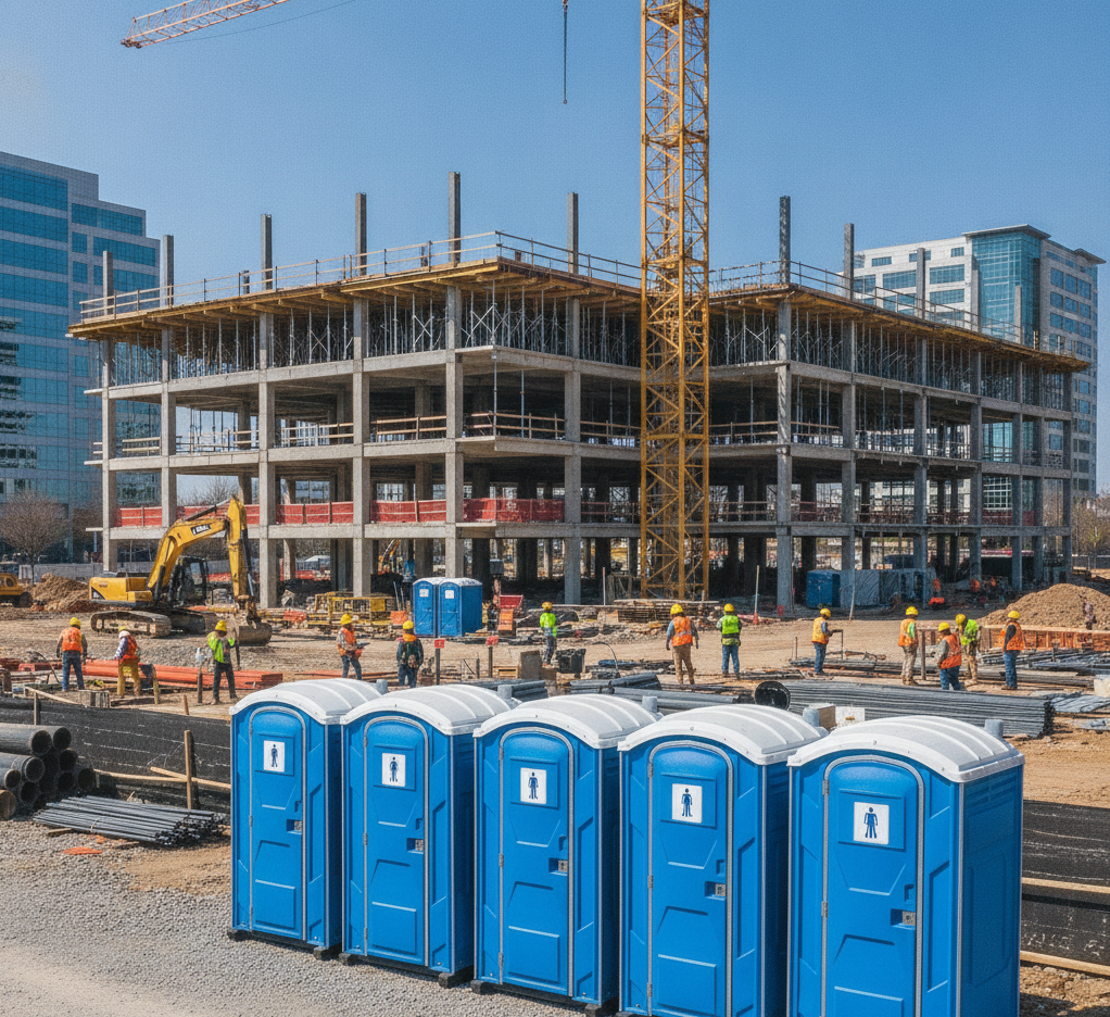 Clean porta potties at a Huntsville construction site.